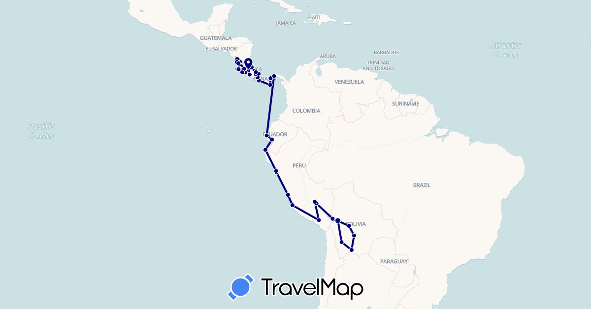 TravelMap itinerary: driving in Bolivia, Costa Rica, Ecuador, Nicaragua, Panama, Peru (North America, South America)